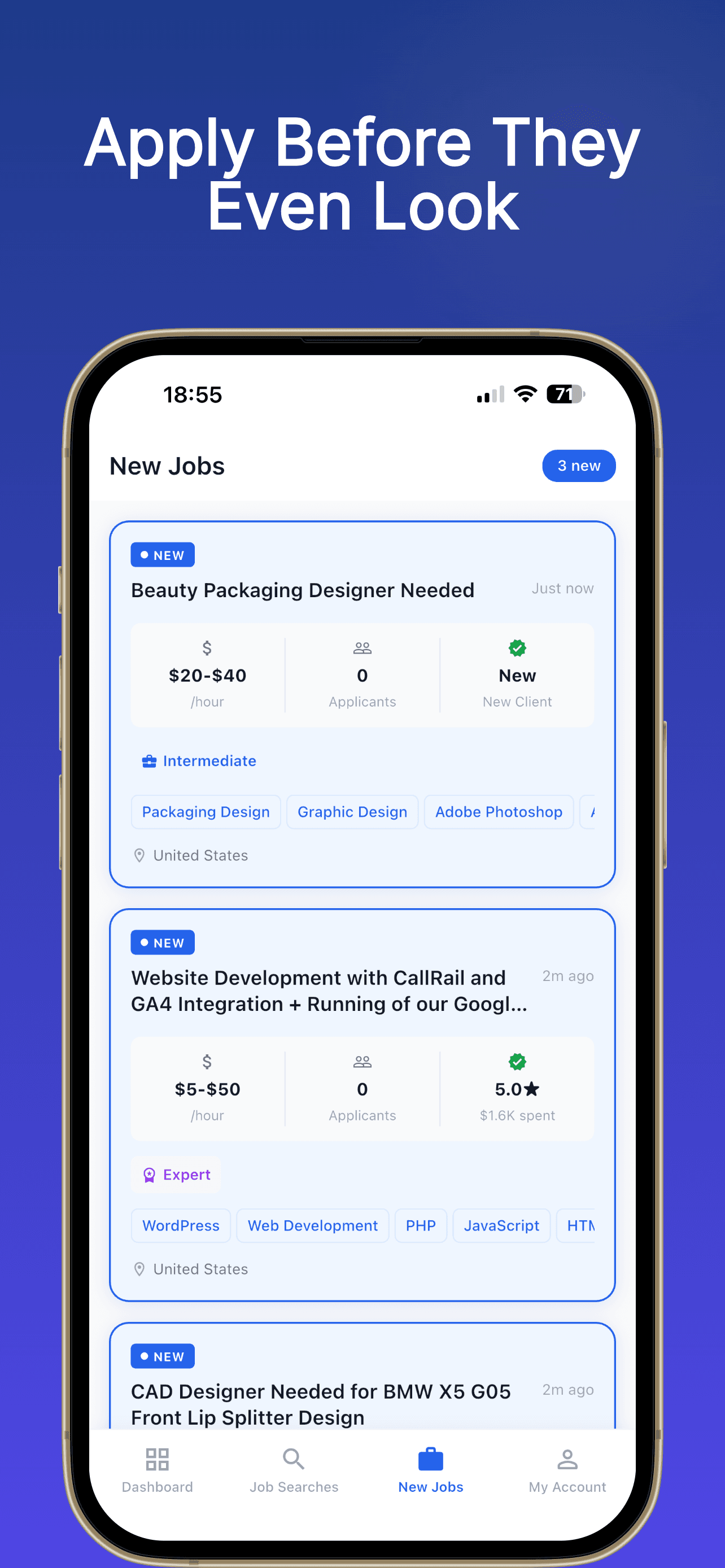 GigSentry new Upwork jobs feed with budget, applicant count, and client details